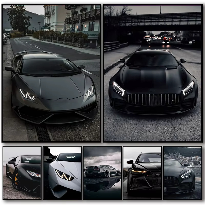 Luxury Lifestyle Cars - Großes schwarzes Sportwagen-Poster im Industriestil, Luxusmarke,