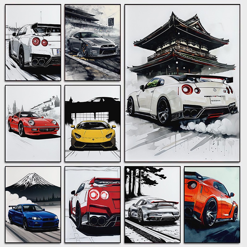 Luxury Lifestyle Cars - Supercar-Wandkunst-Poster im japanischen Stil, moderner Automotive-Skyline-Druck,