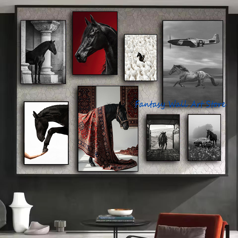 Luxury Lifestyle Photos - Schwarze Pferdefotos Vintage Luxus Wandkunst Robuste